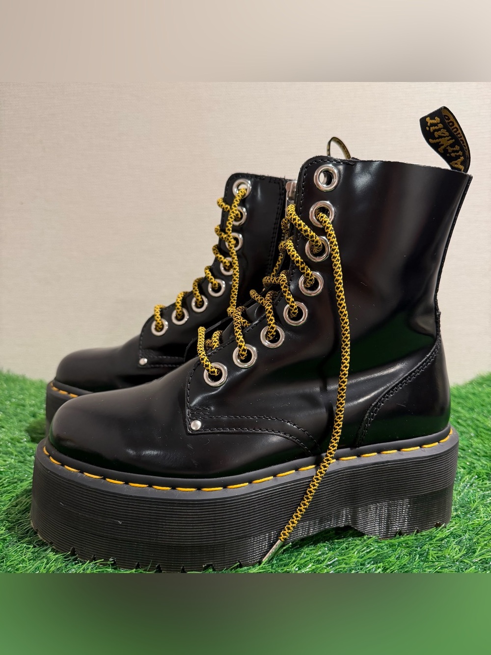 Dr marten Black Platform Combat Boots with Yellow Stitching and Laces